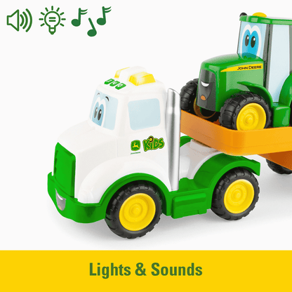 John Deere Lights and Sounds Farmin' Friends Toy Hauling Set with Truck and Backhoe Tractor