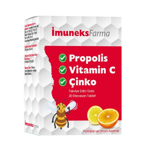 İmuneks Farma Propolis Vitamin C Zinc Effervescent Tablets - Boosts Immune Health Naturally - 20 Tablets