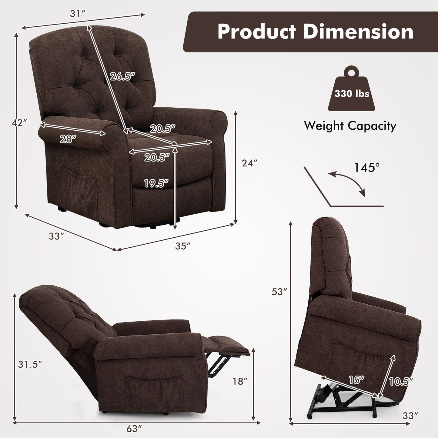 Recliner Chair Sofa for Elderly with Side Pocket and Remote Control