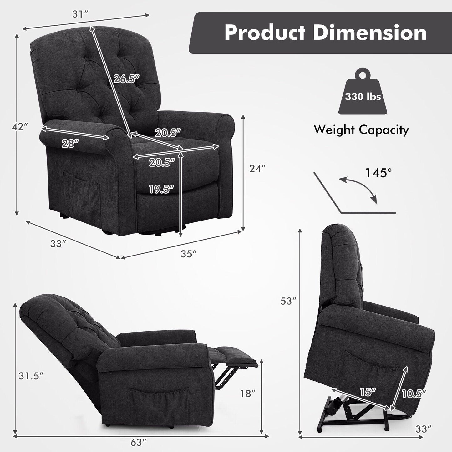 Recliner Chair Sofa for Elderly with Side Pocket and Remote Control