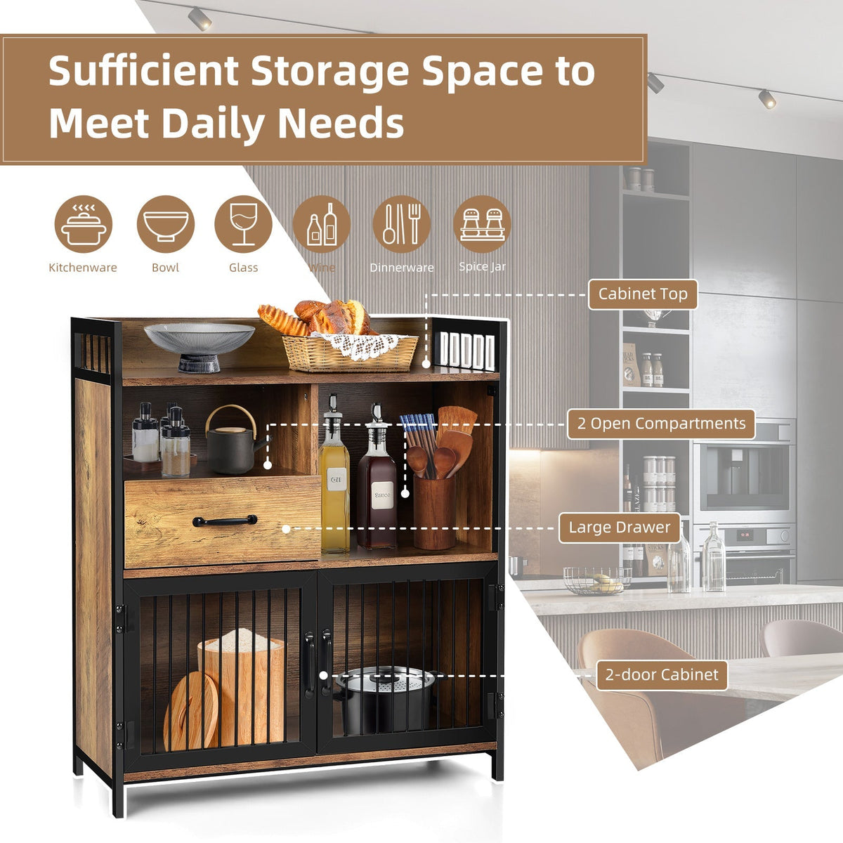 Buffet Cabinet with Drawer and Wood Storage Shelf for Kitchen-Rustic Brown