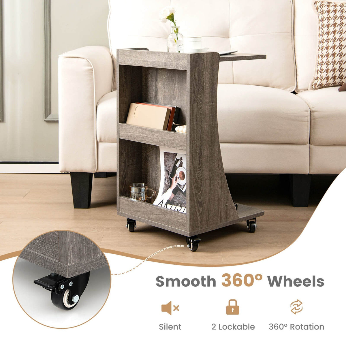 C-shaped Rolling End Side with Back Storage Shelves beside Sofa