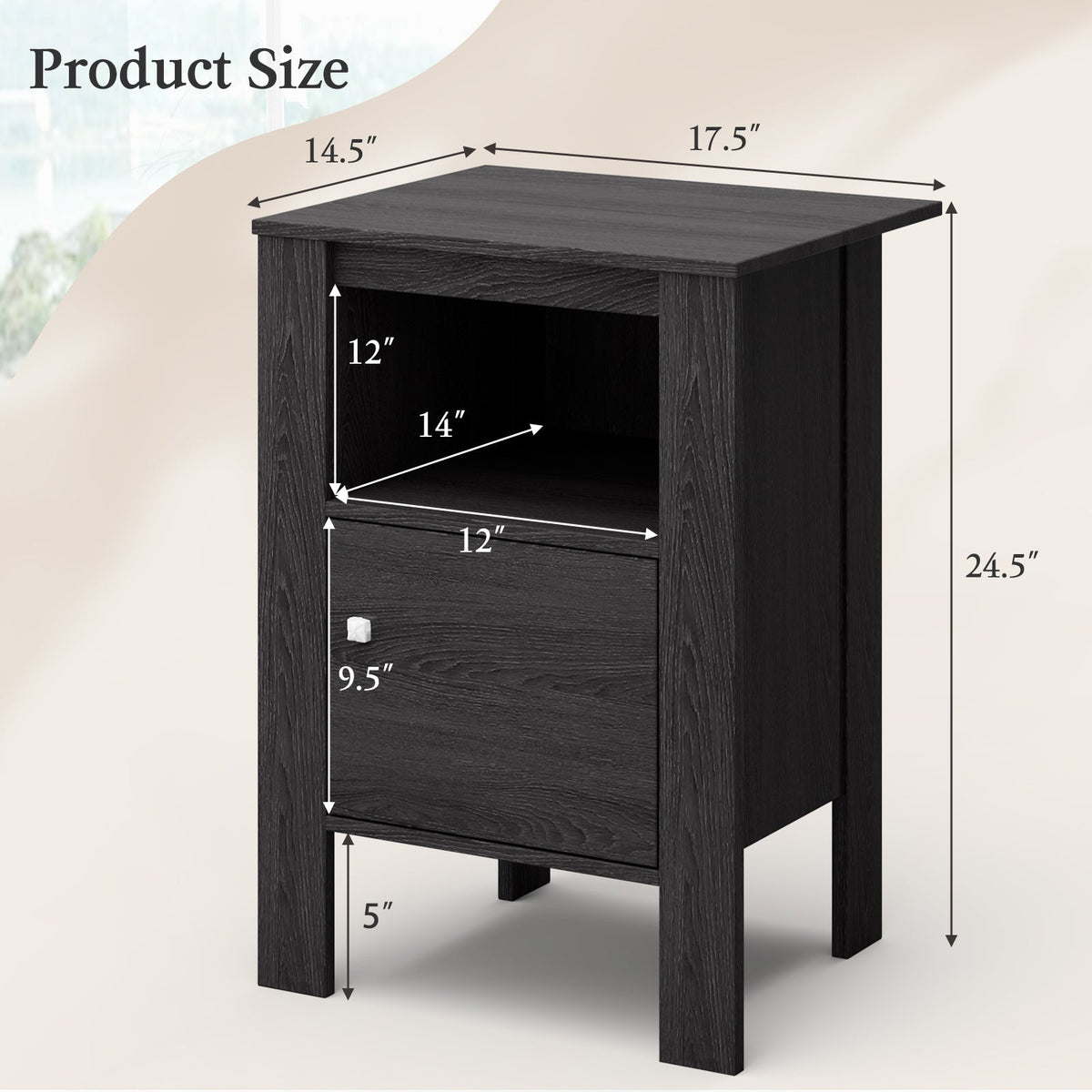 Compact Floor Farmhouse Nightstand with Open Shelf and Cabinet