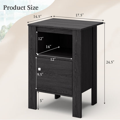 Compact Floor Farmhouse Nightstand with Open Shelf and Cabinet