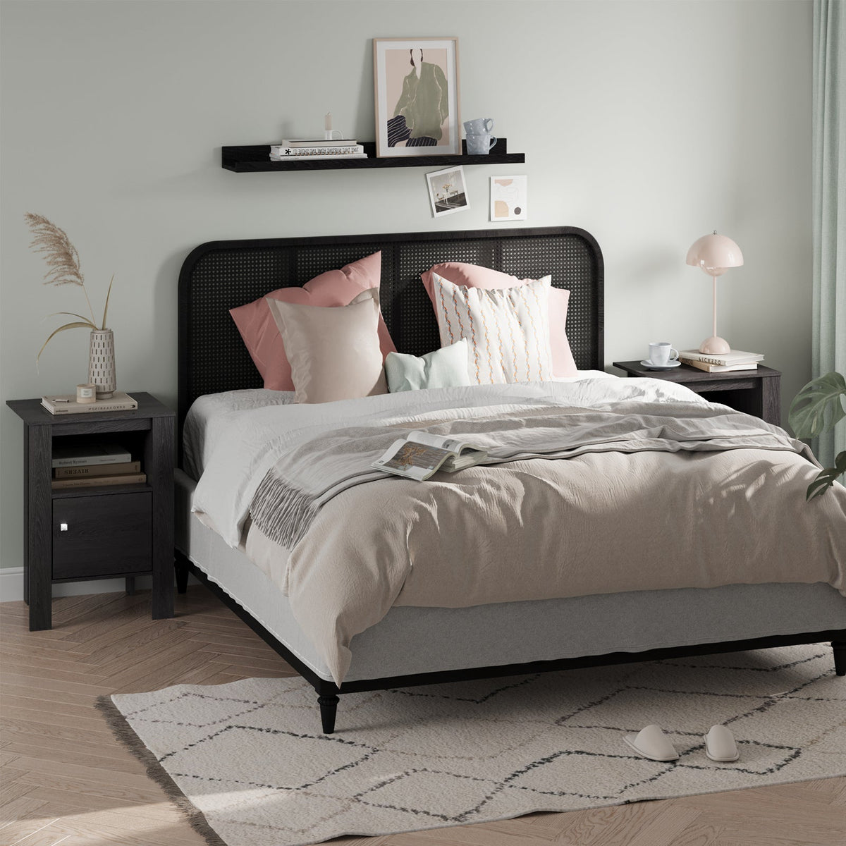 Compact Floor Farmhouse Nightstand with Open Shelf and Cabinet