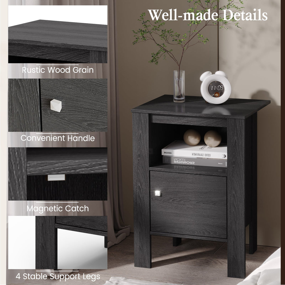 Compact Floor Farmhouse Nightstand with Open Shelf and Cabinet