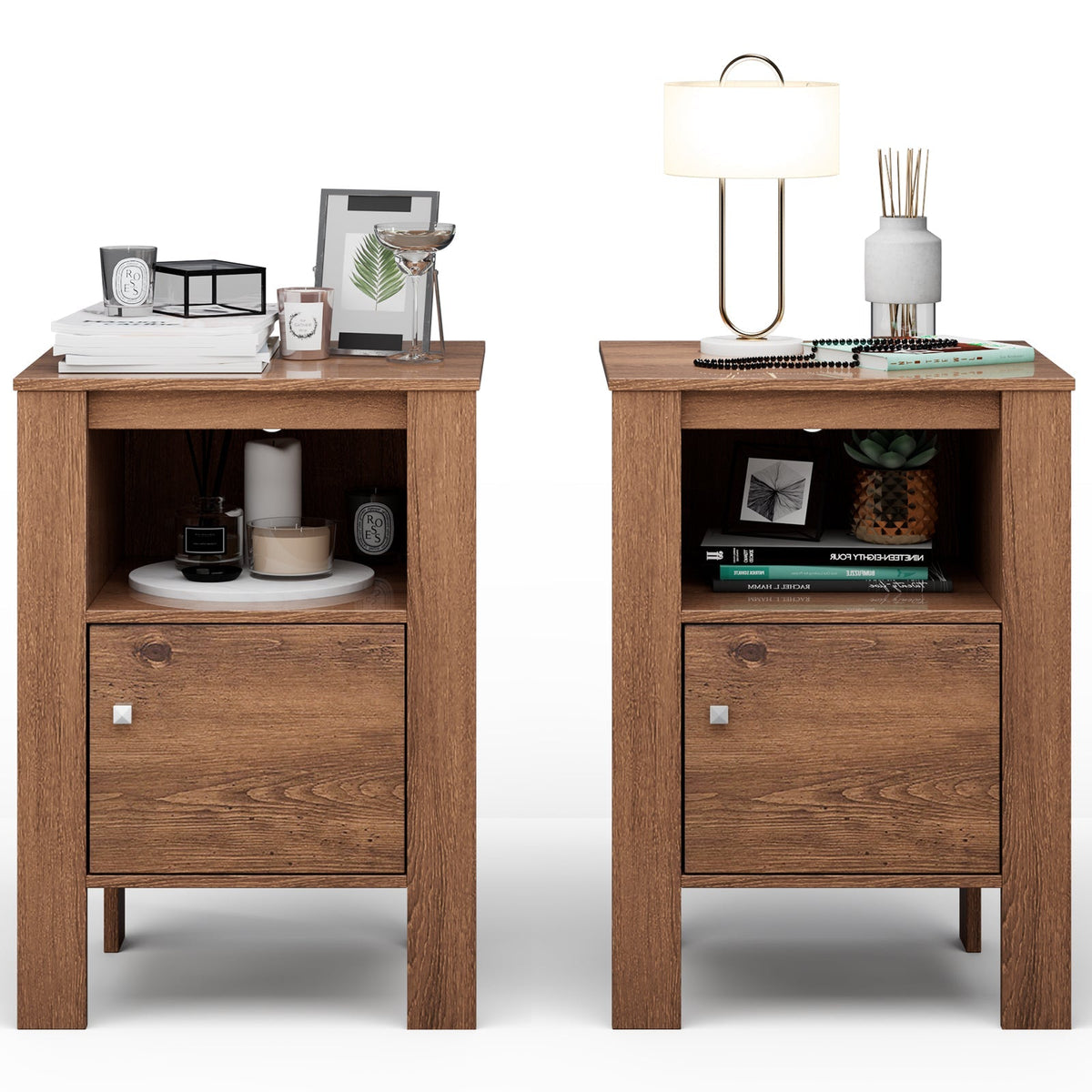 Compact Floor Farmhouse Nightstand with Open Shelf and Cabinet