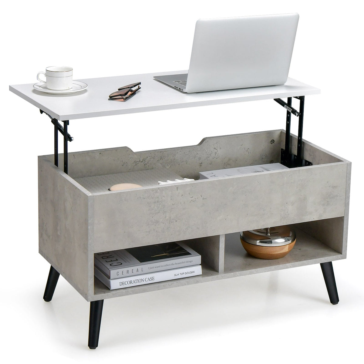 31.5 Inch Lift-Top Coffee Table with Hidden Storage and 2 Open Shelves