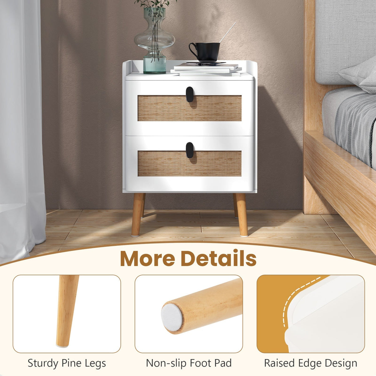Modern End Table Bedside Table with 2 Rattan Decorated Drawers