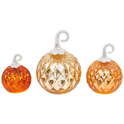 Lighted Handblown Mercury Glass Pumpkins - 3 Piece Set