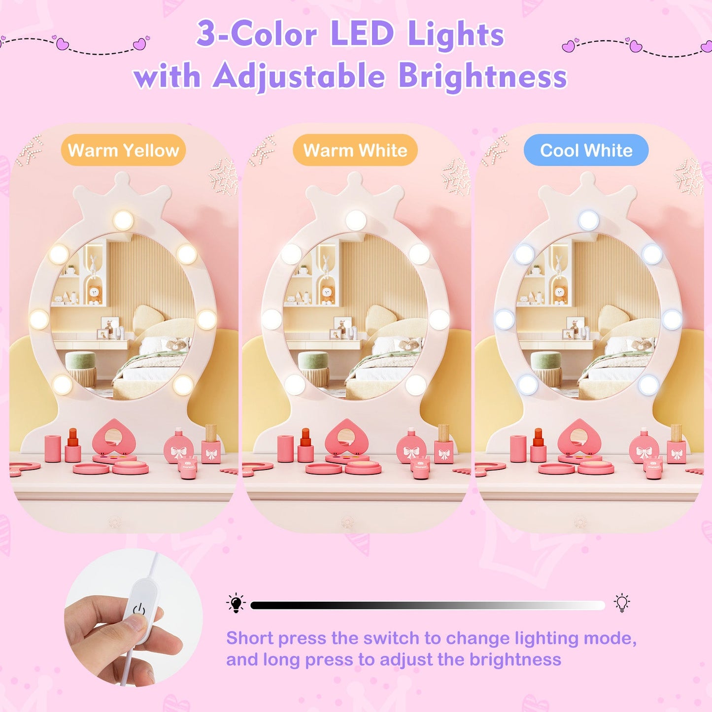 Kids Vanity Set with Lighted Mirror with Adjustable Brightness and Large Drawer-White