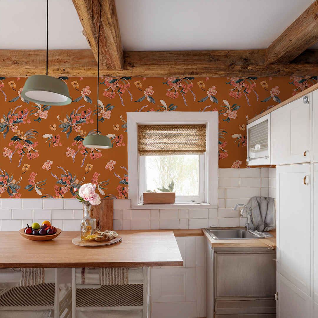 Floral Loquat Wallpaper, rust