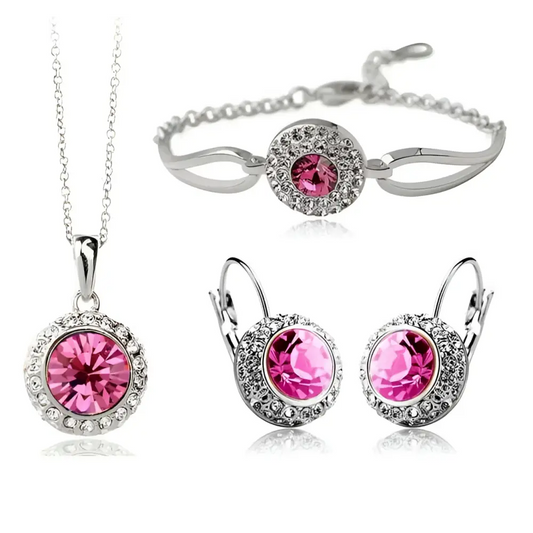 Korean Style Pink Crystal Silver Jewelry Set