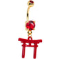 Red CZ Gem Gold PVD Red Japanese Gate Dangle Belly Ring