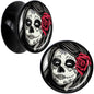 Black Acrylic Katrina Sugar Skull with Rose Flower Saddle Plug Set 5/8