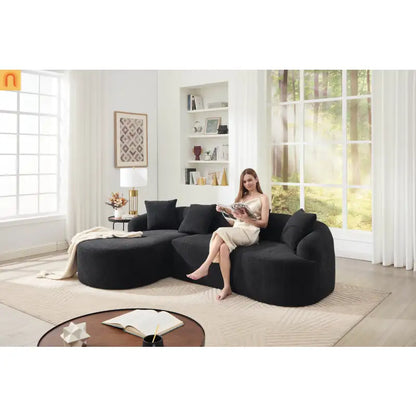 Sectional Sofa L-Shape Curved Chaise Chenille Black 3 Seat 99 In