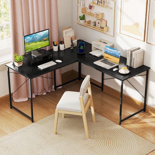 95 Inch 2-Person L-Shaped Long Reversible Computer Desk with Monitor Stand
