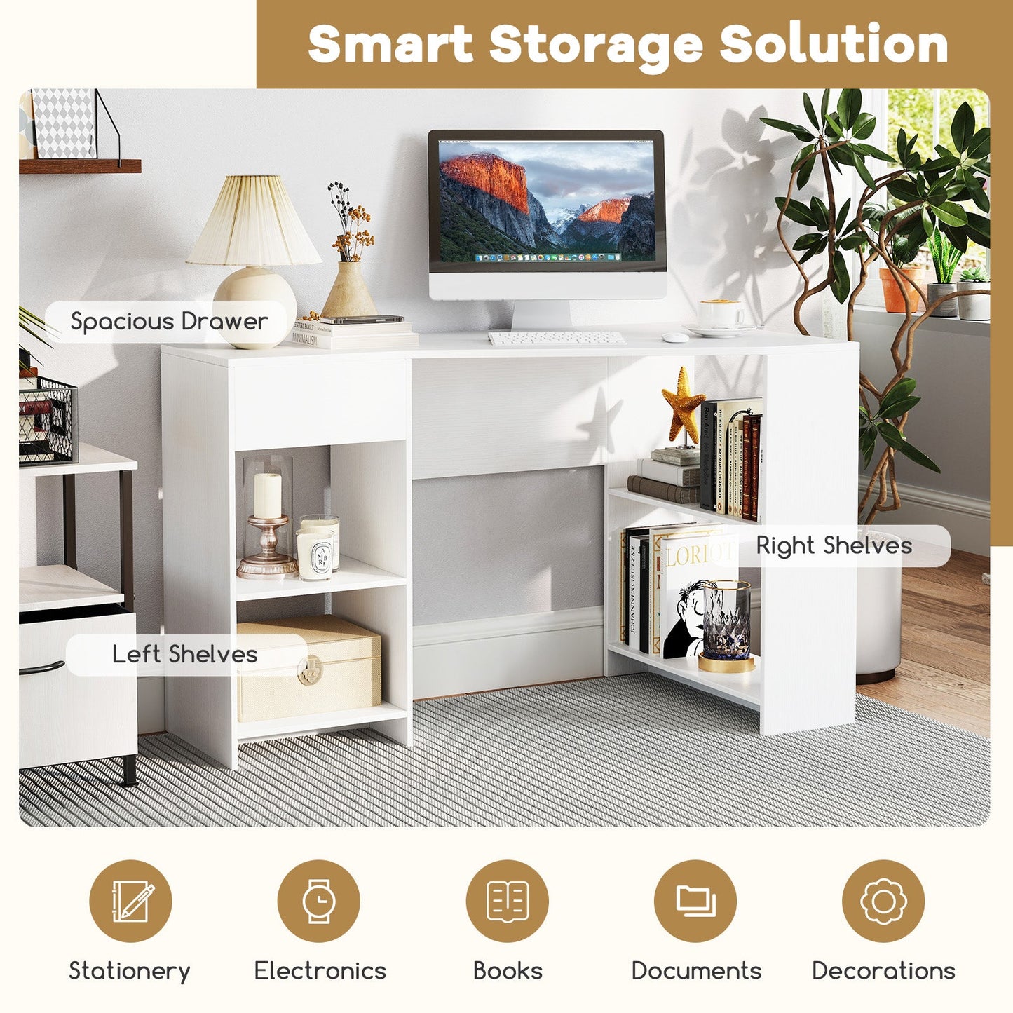 48 Inches L Shaped Corner Executive Computer Desk with Drawer-White