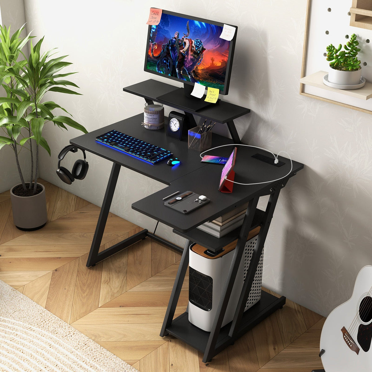 L Shaped Gaming Desk with Outlets and USB Ports