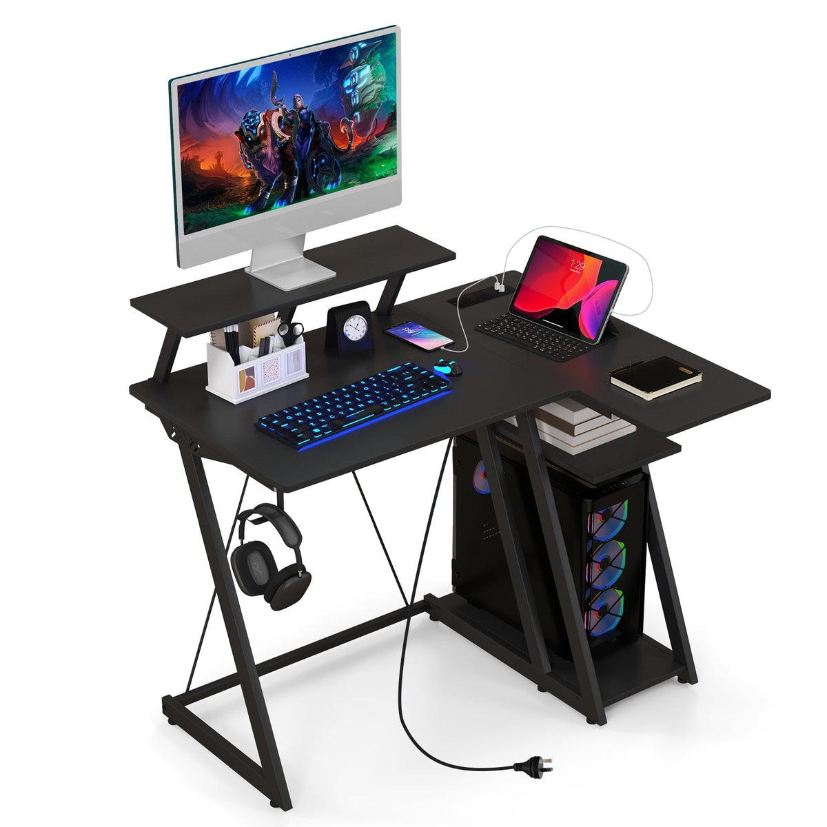 L Shaped Gaming Desk with Outlets and USB Ports