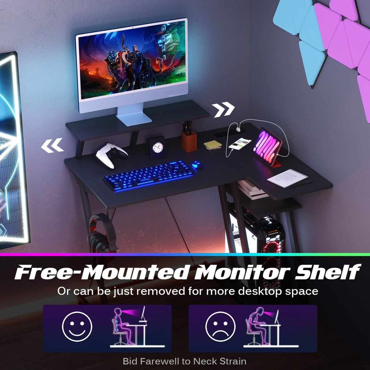 L Shaped Gaming Desk with Outlets and USB Ports