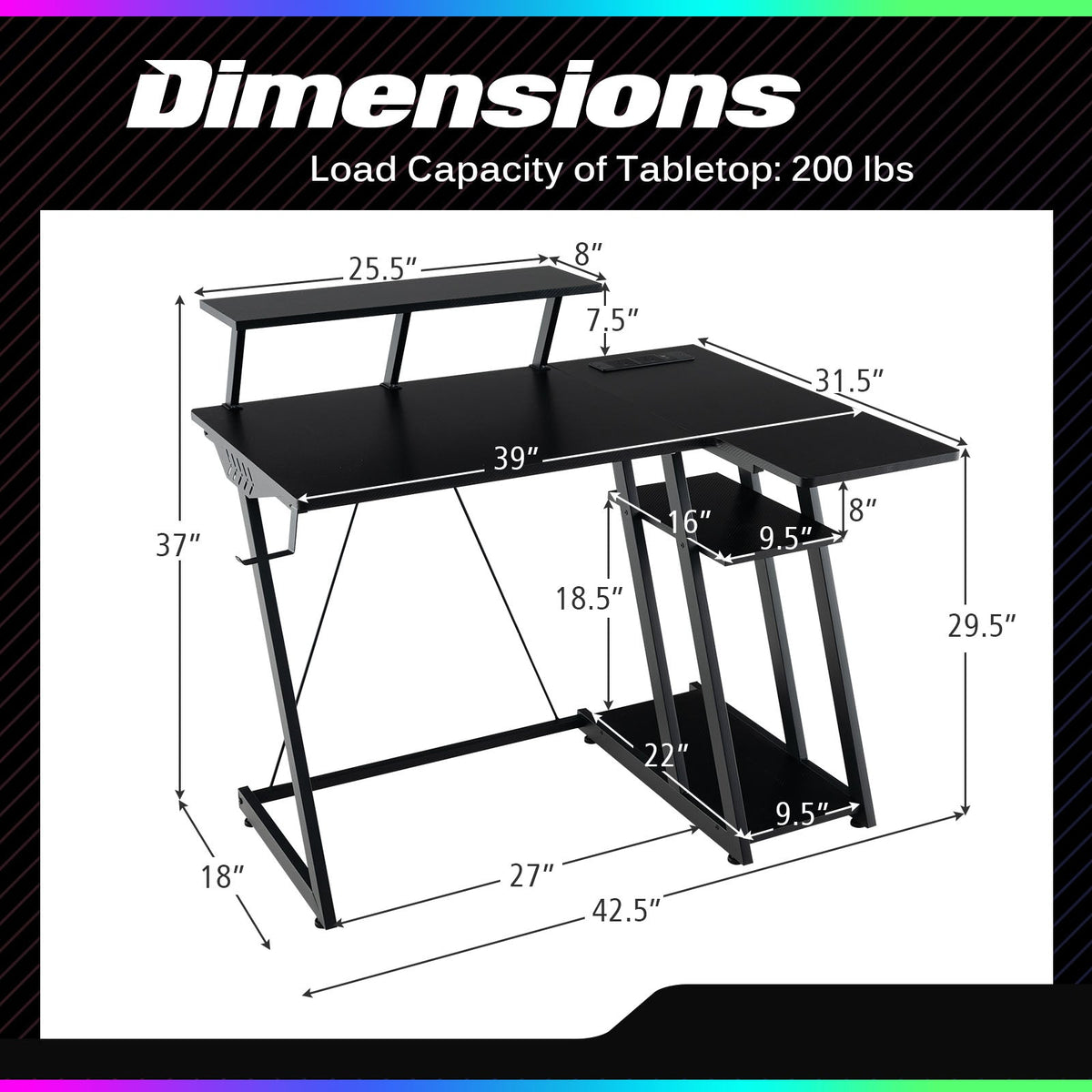 L Shaped Gaming Desk with Outlets and USB Ports