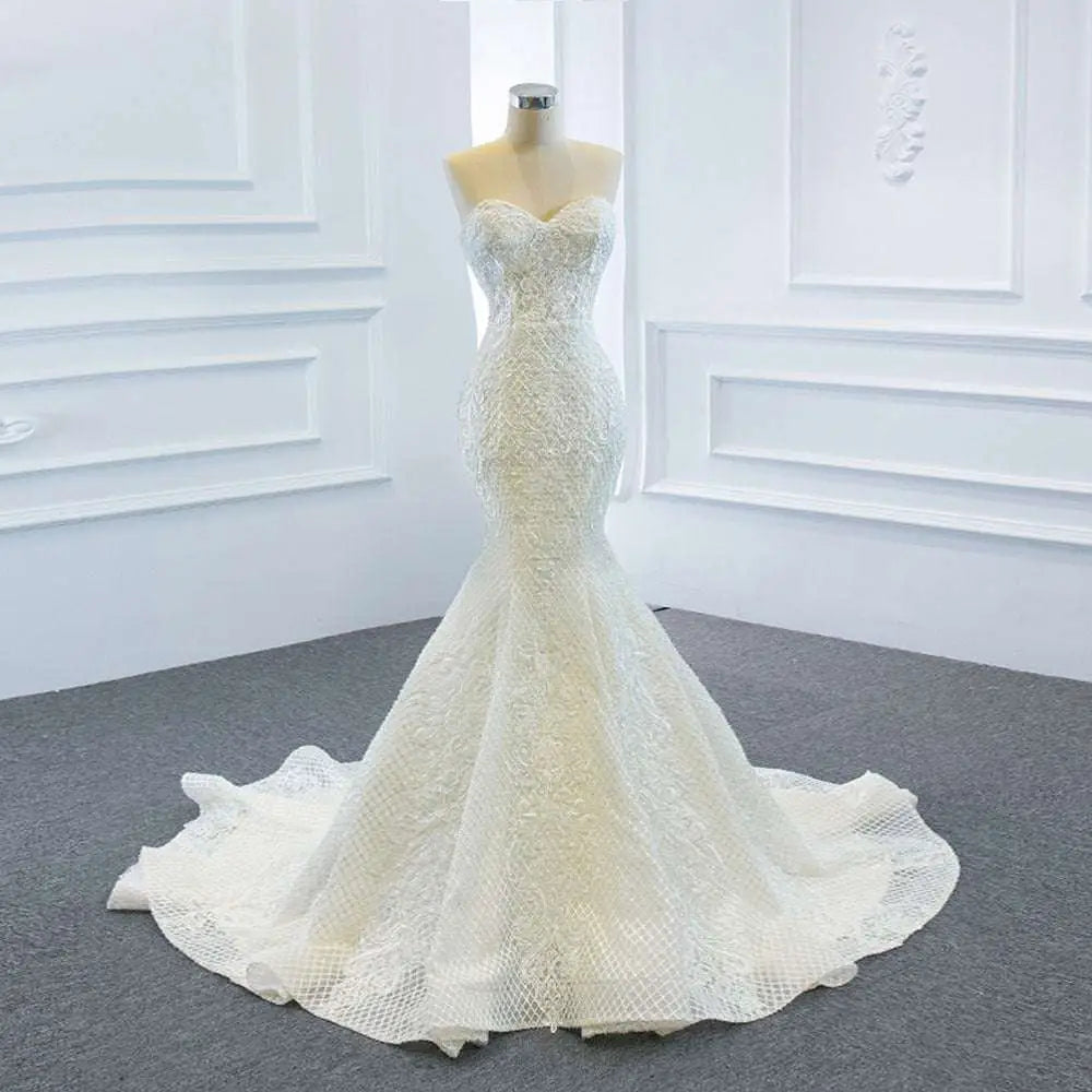 Lace Mermaid Wedding Dress Wears Two Fishtail Train