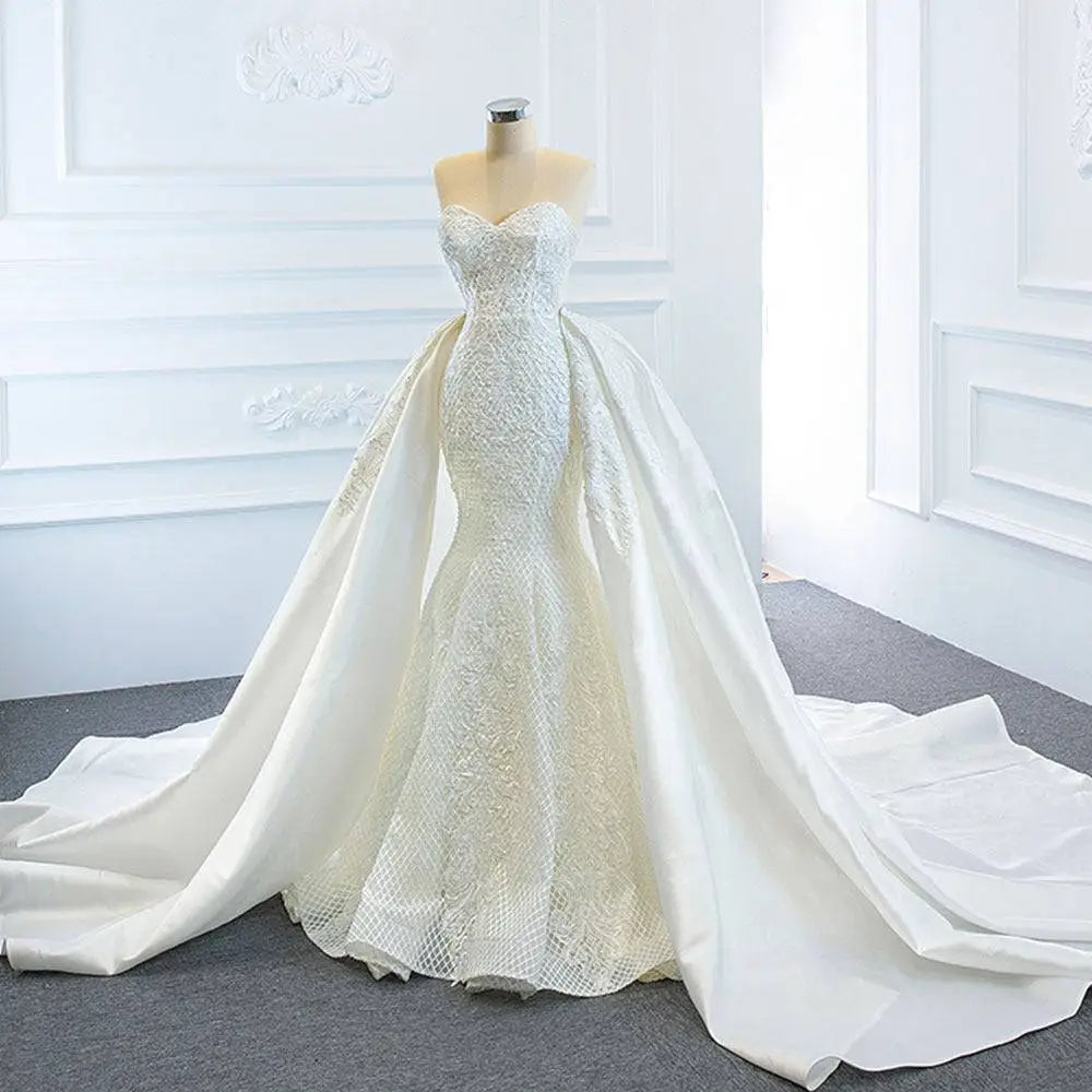 Lace Mermaid Wedding Dress Wears Two Fishtail Train