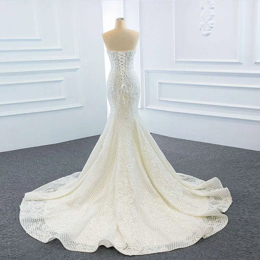 Lace Mermaid Wedding Dress Wears Two Fishtail Train