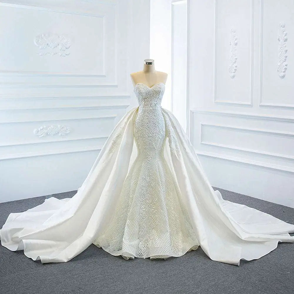 Lace Mermaid Wedding Dress Wears Two Fishtail Train