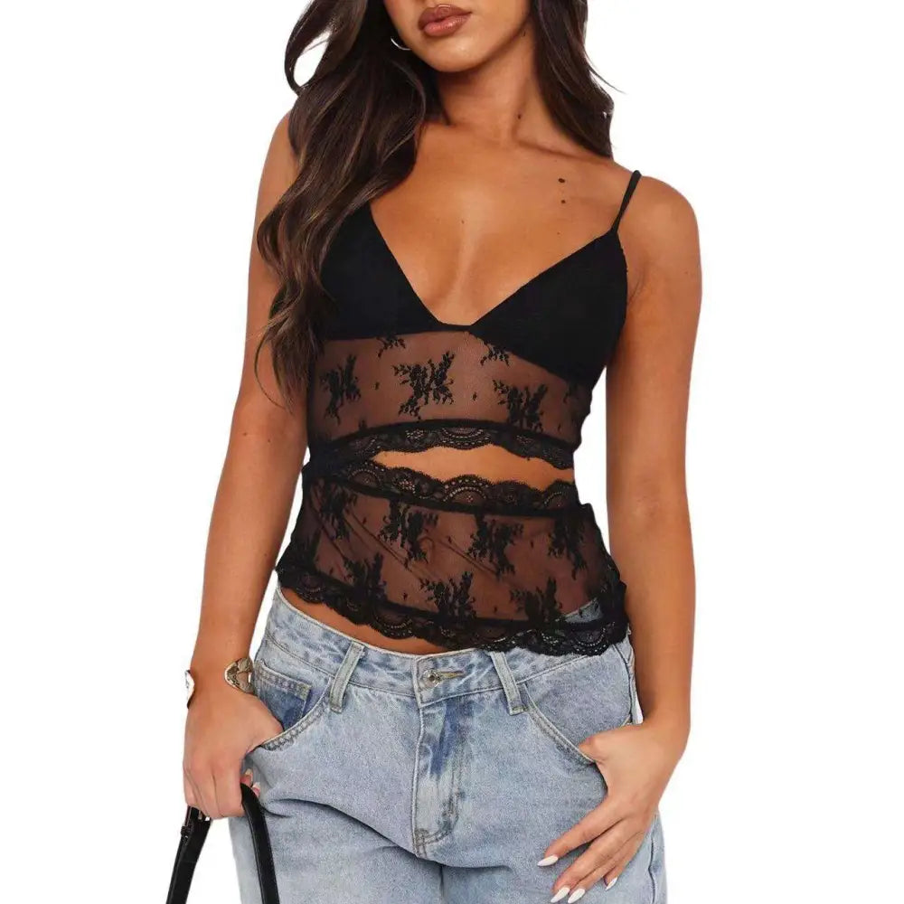 Lace Stitched Backless Small Sling V Neck Tank Top