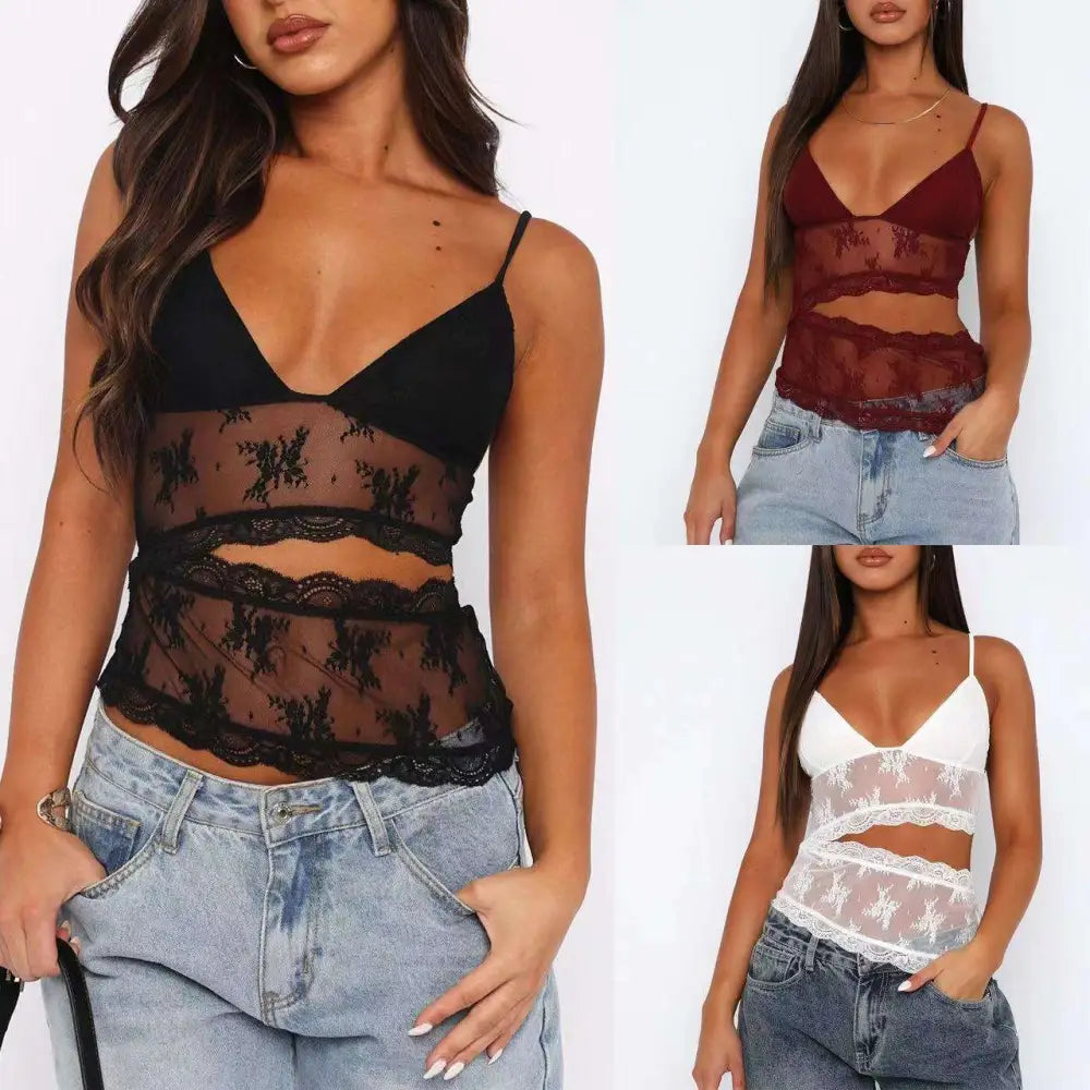 Lace Stitched Backless Small Sling V Neck Tank Top