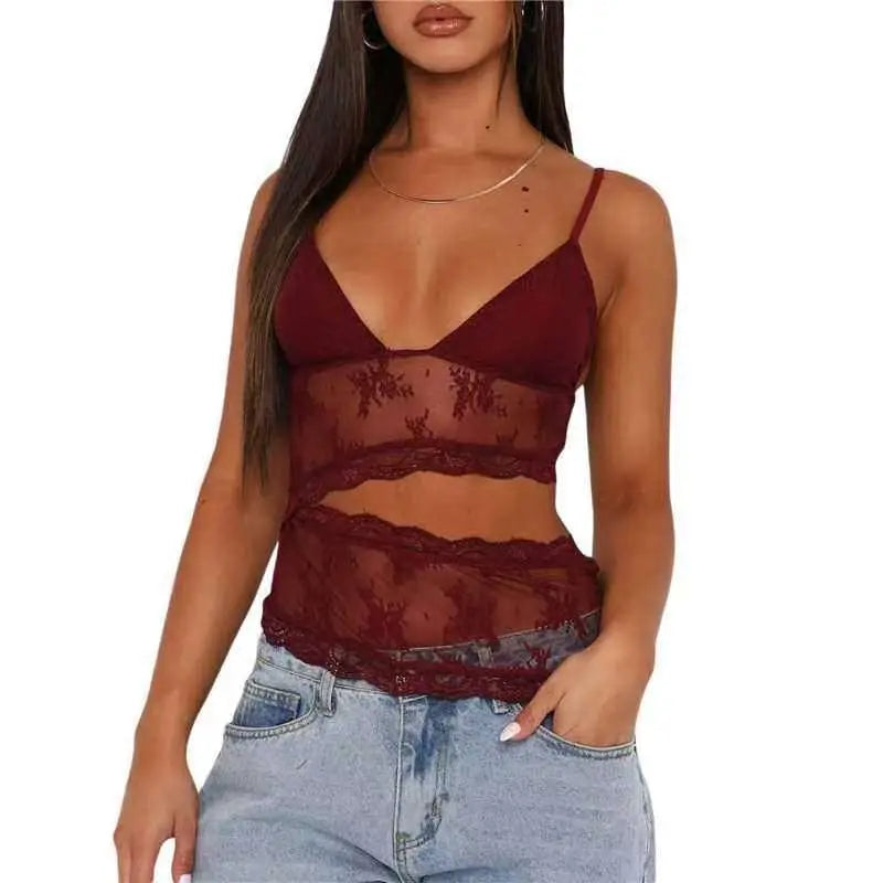 Lace Stitched Backless Small Sling V Neck Tank Top