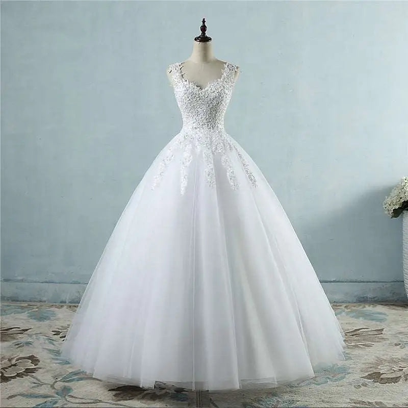 Lace V Neck High Waist Wedding Dress