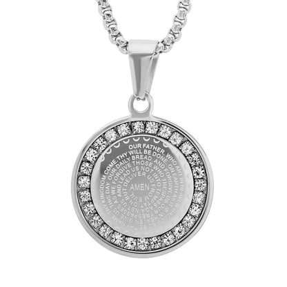 Ladies' 18K Gold Plated Stainless Steel Our Father Prayer Round Pendant with Simulated Diamonds