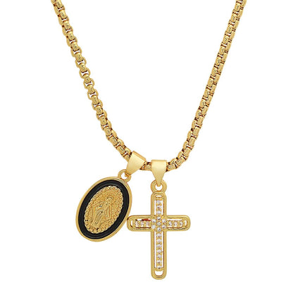 Ladies 18k White Gold/Gold Plated Brass & Black Enamel Our Lady of Guadalupe and Simulated Diamond Cross Pendant Charms