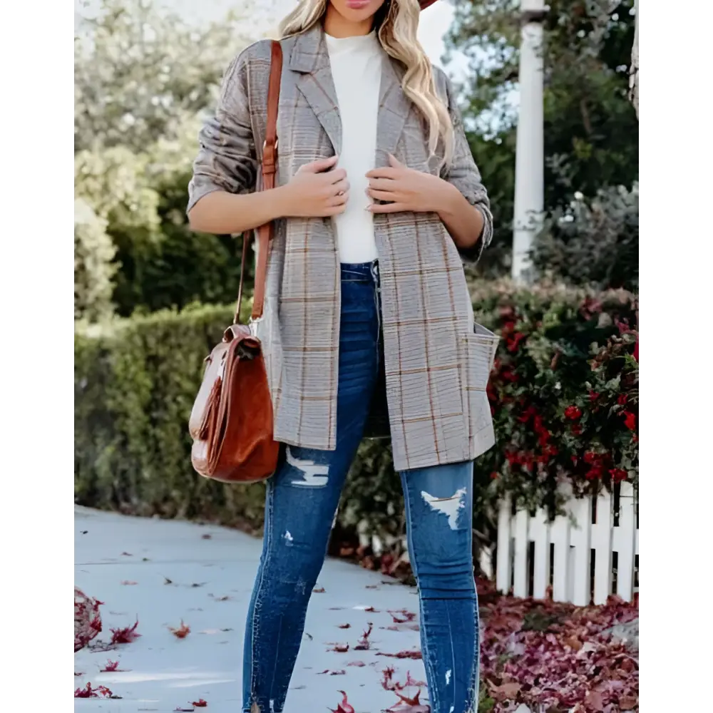 Ladies Plaid Printed Open Collar Blazer Jacket