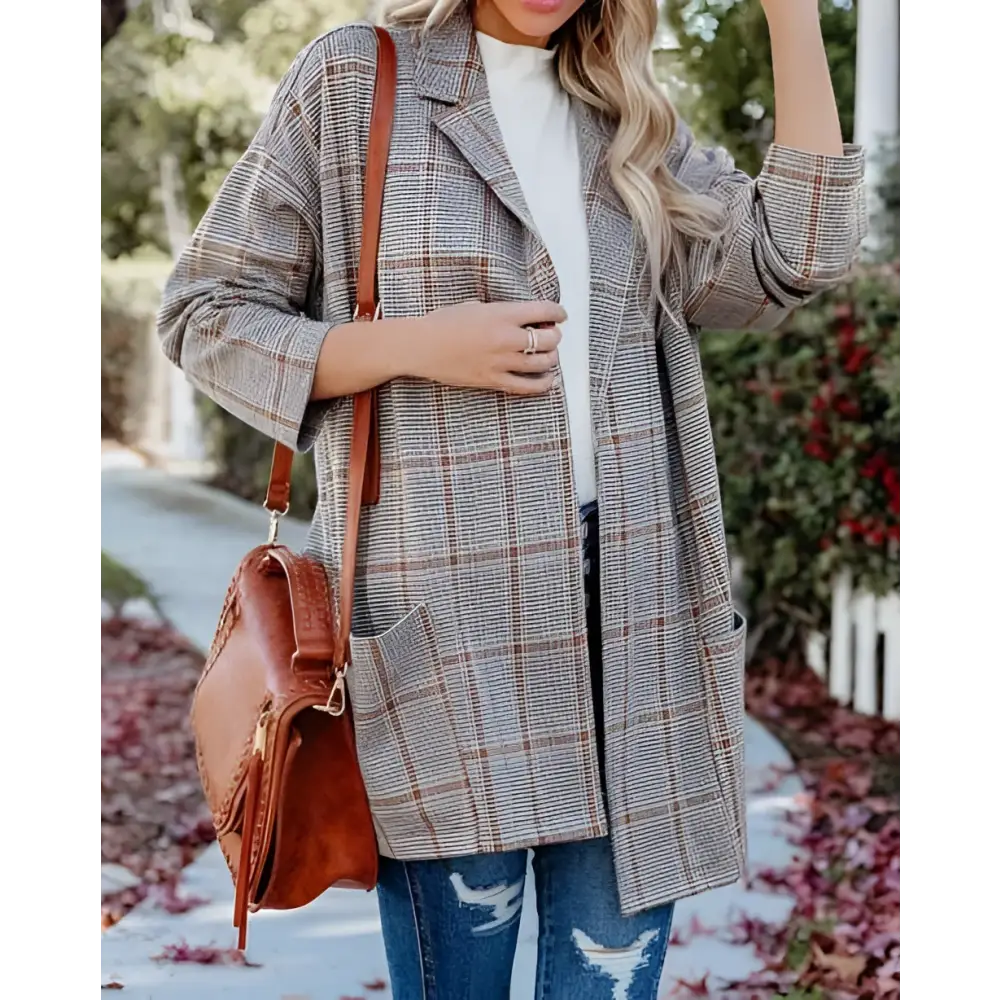 Ladies Plaid Printed Open Collar Blazer Jacket