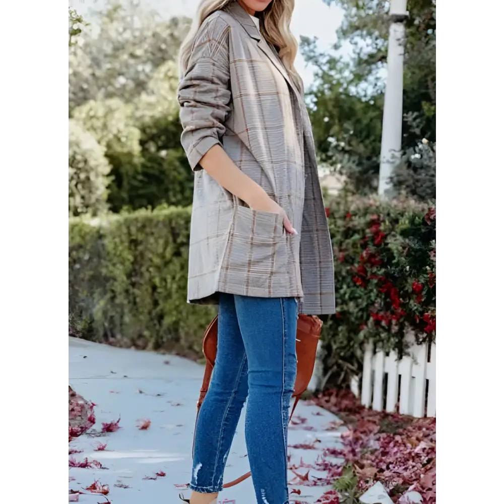 Ladies Plaid Printed Open Collar Blazer Jacket