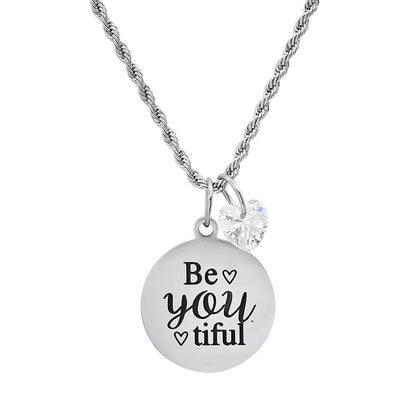 Ladies Stainless Steel Be You Tiful Round Pendant Adorned with Heart Shaped Swarovski Crystal Charm