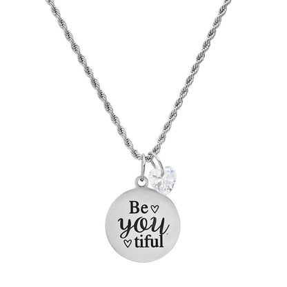Ladies Stainless Steel Be You Tiful Round Pendant Adorned with Heart Shaped Swarovski Crystal Charm