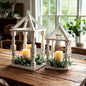 Distressed White Turned Wooden Open Lanterns, Set of Two