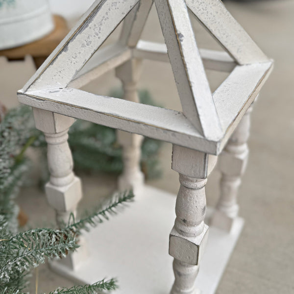 Distressed White Turned Wooden Open Lanterns, Set of Two