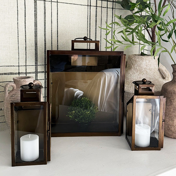 Rustic Bronze Tempered Glass Lanterns, Set of Three