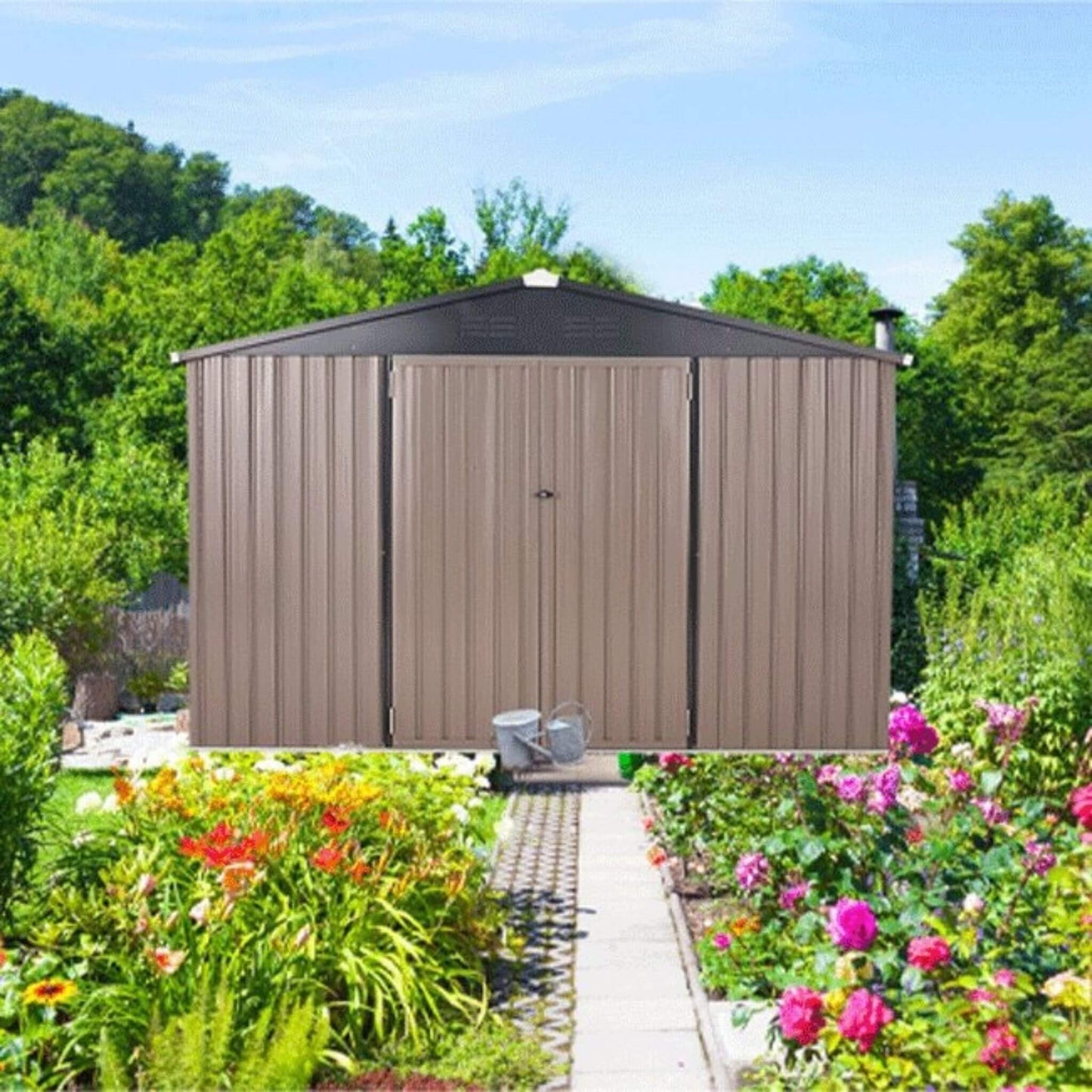 [08X10FT] Alora Large Heavy-Duty Outdoor Metal Garden Tools Storage Utility Shed W/ Lockable Door (SAK72751)