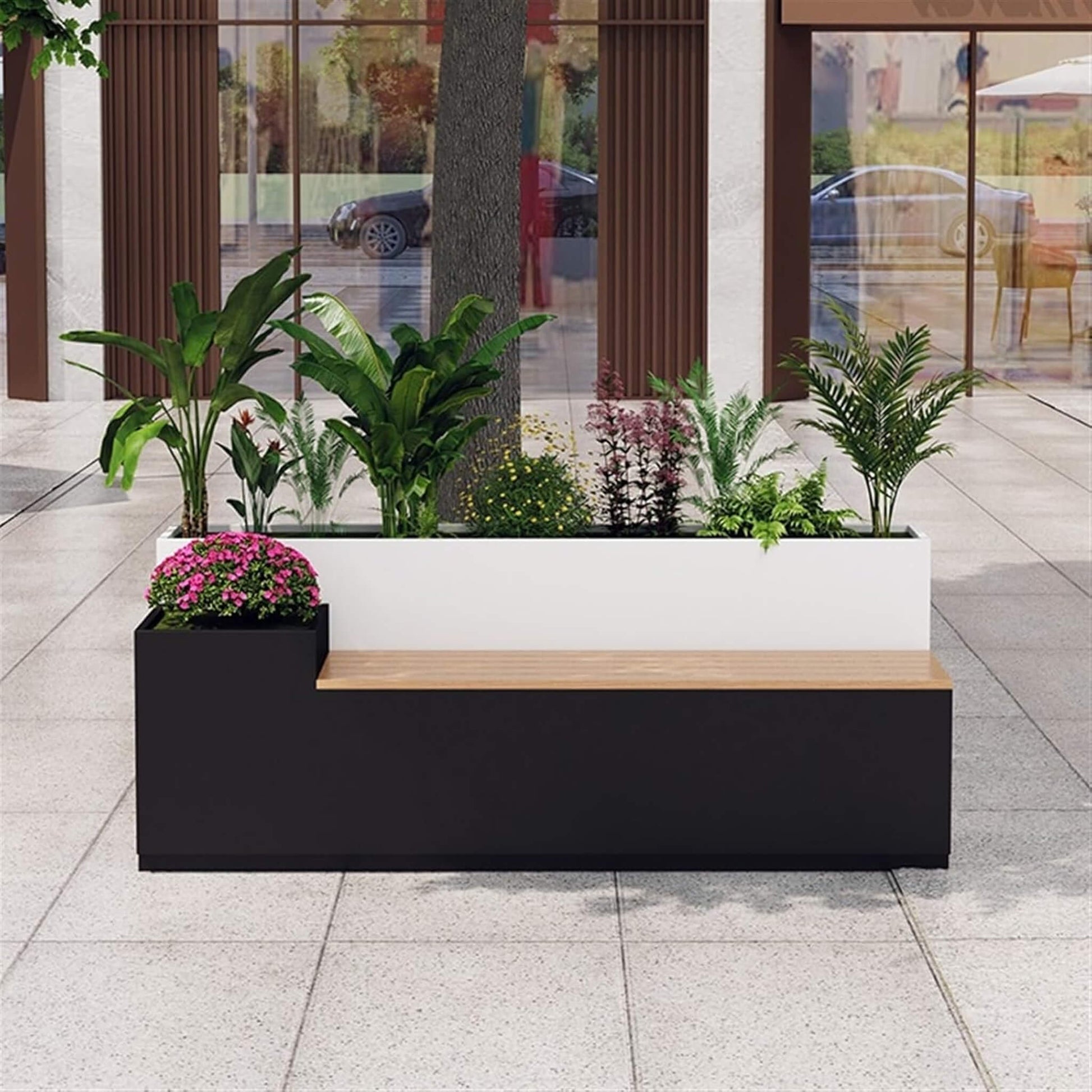 Large outdoor all-weather commercial flower box potting bench front view