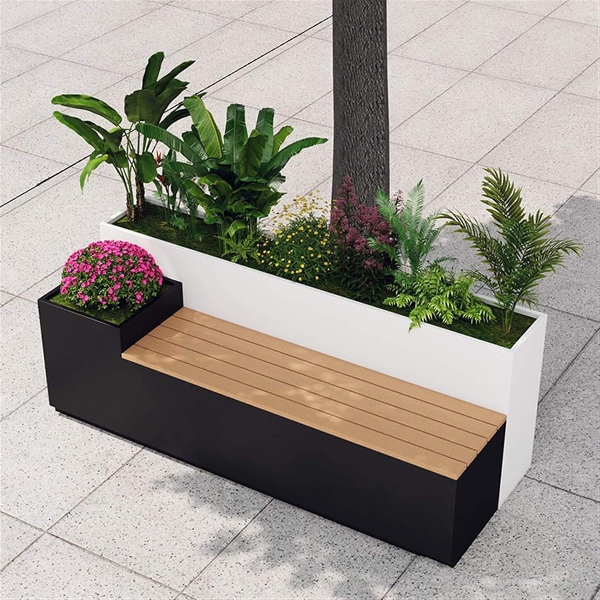 Top view of large outdoor all-weather commercial flower box potting bench