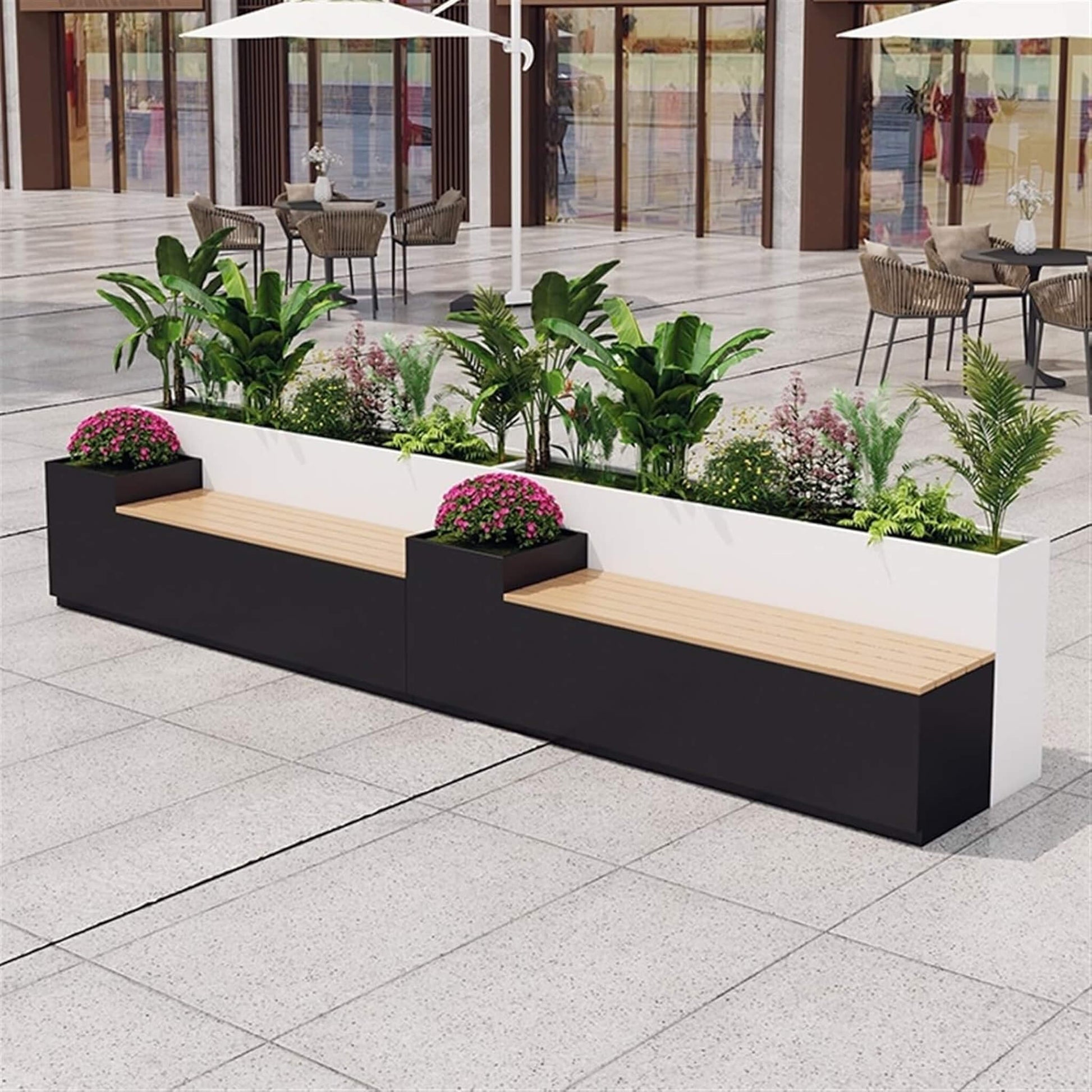 Two large outdoor commercial flower box potting benches
