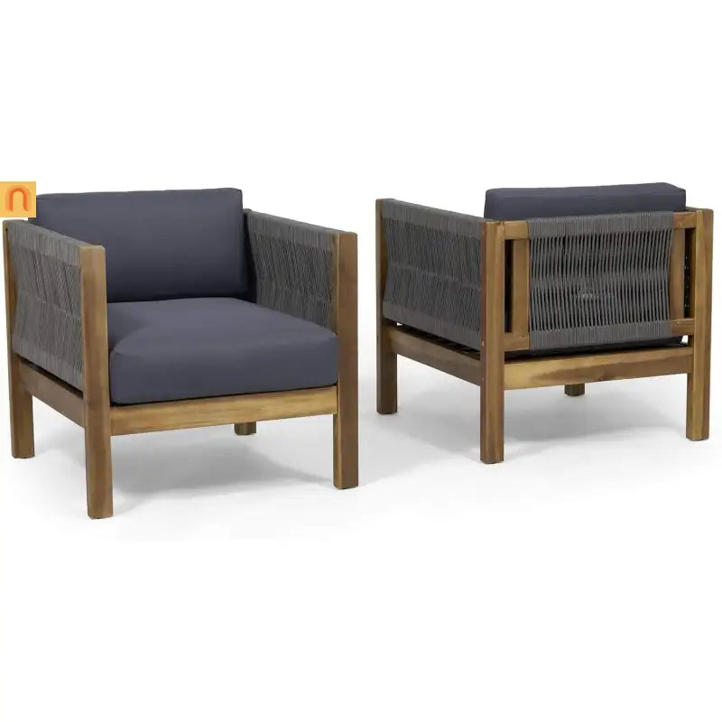 Outdoor Club Chair Set Acacia Wood Rope Teak Cushions Set of 2