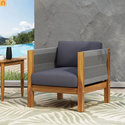 Outdoor Club Chair Set Acacia Wood Rope Teak Cushions Set of 2